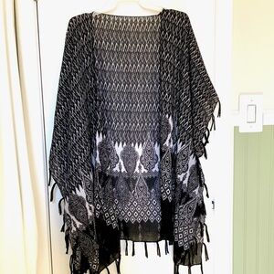 Boho Shawl with Fringe, Black and White Print